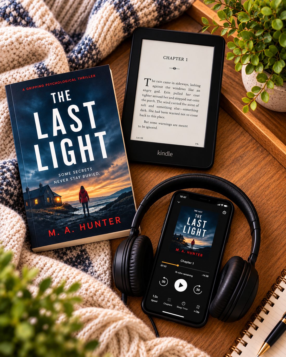 Paperback book, Kindle eBook, and audiobook on a phone with headphones, all showing the same title