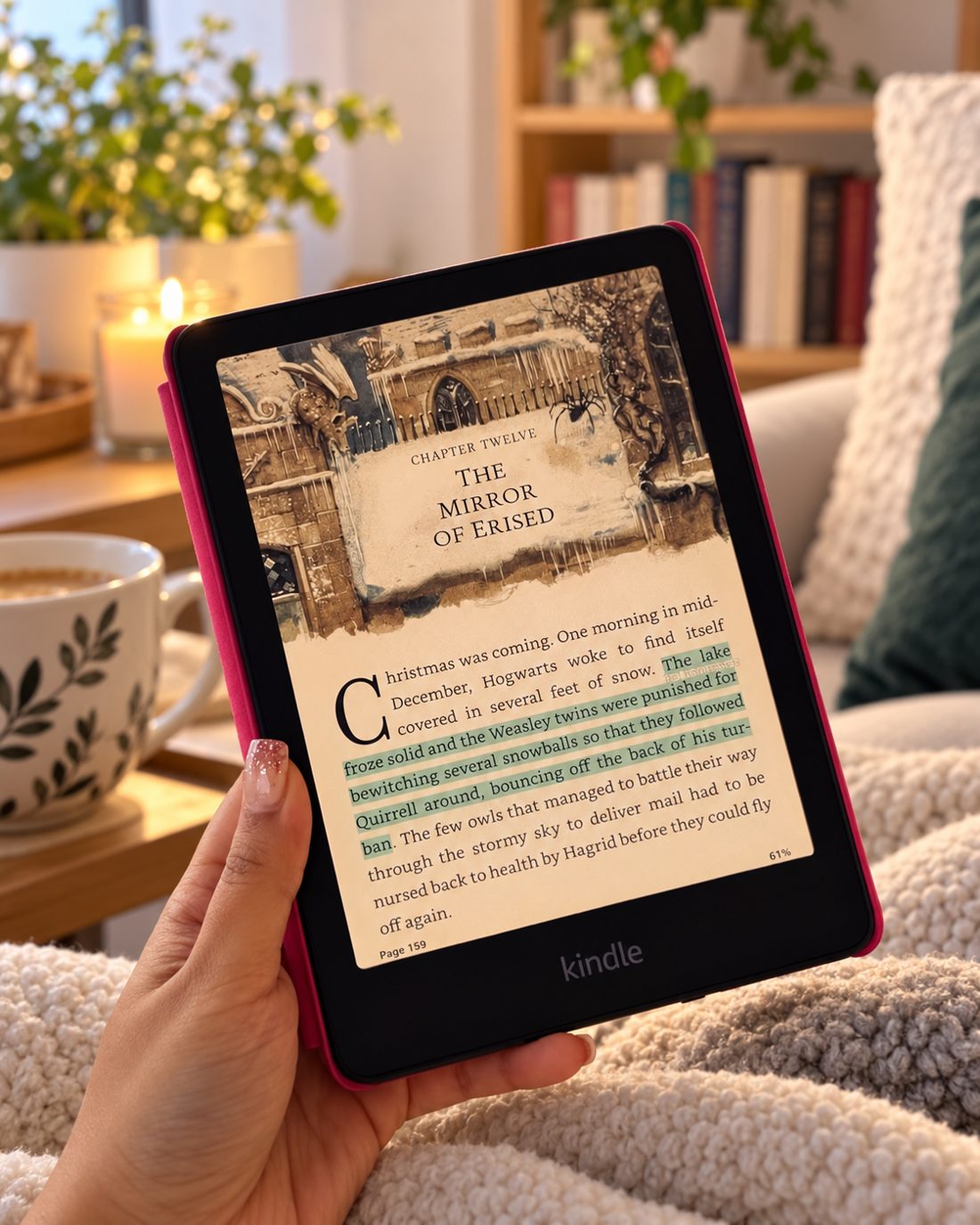Kindle e-reader displaying a beautifully formatted chapter with drop cap and highlighted text