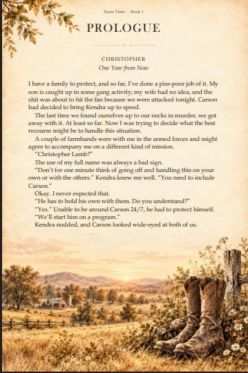 Prologue page with a decorative header image of boots and a farm landscape beneath the text