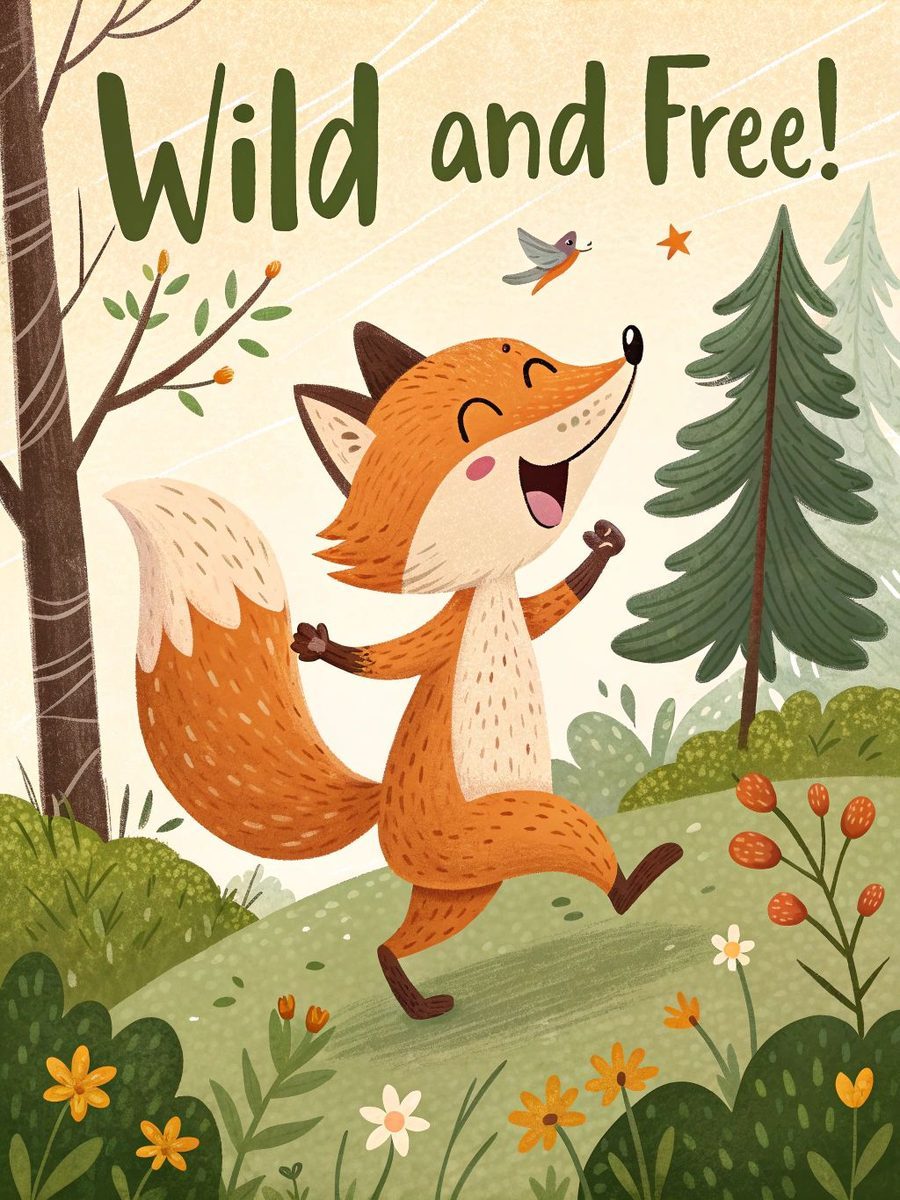 Children's book cover illustration of a happy fox dancing in a forest with hand-lettered title