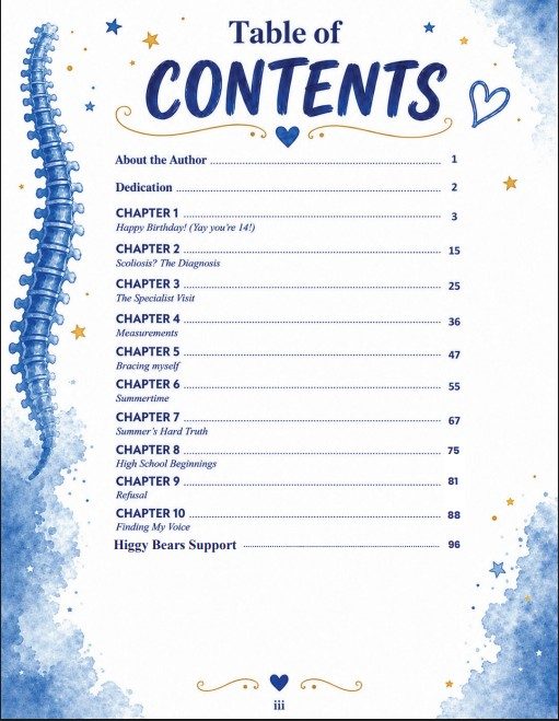 Illustrated table of contents page with a blue watercolor border and chapter list