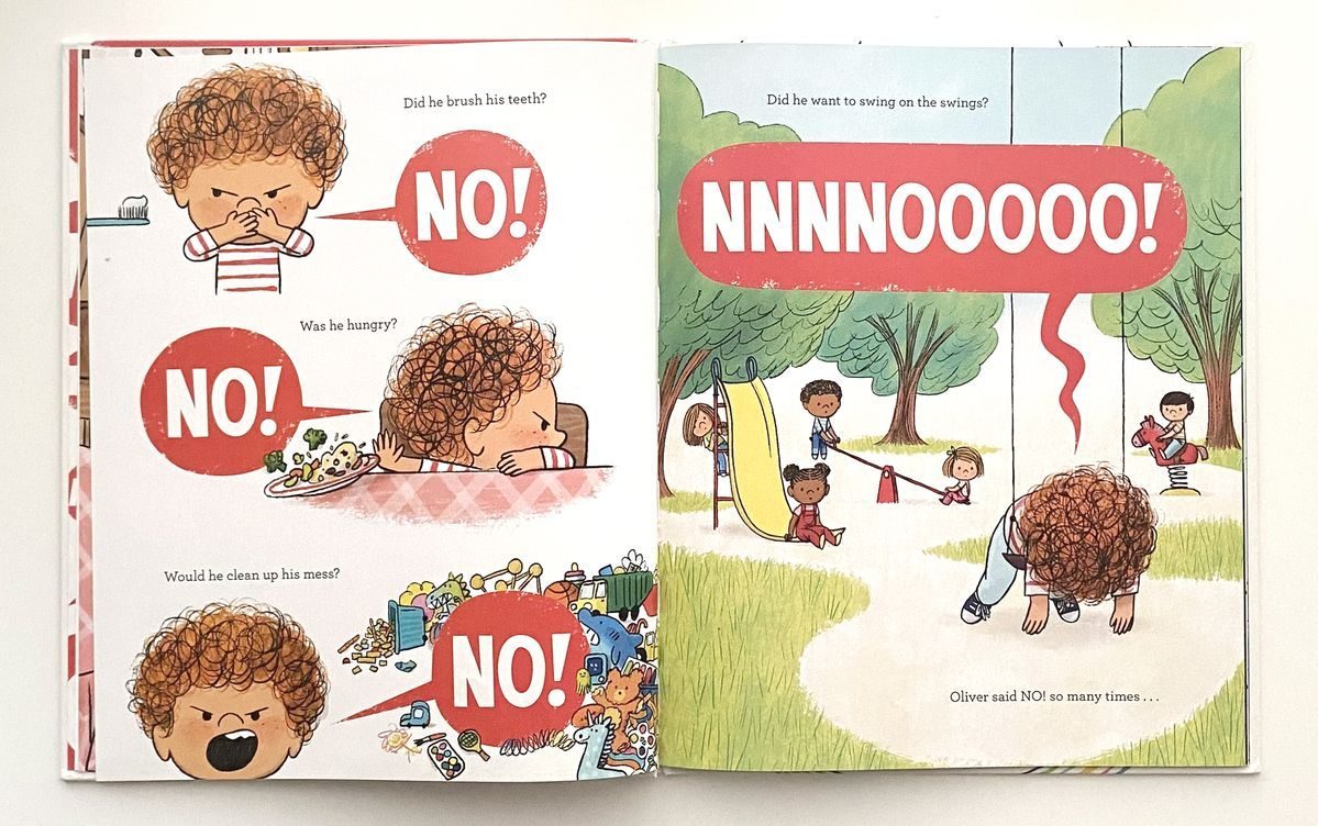 Picture book double-page spread with large speech bubbles and a child on a playground