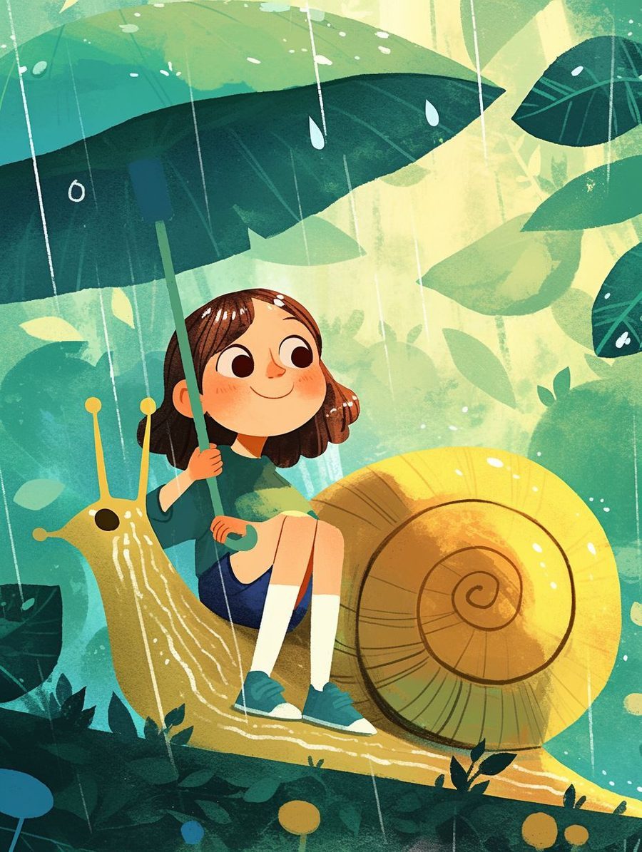 Children's book illustration of a girl riding a giant snail under a leaf umbrella in the rain