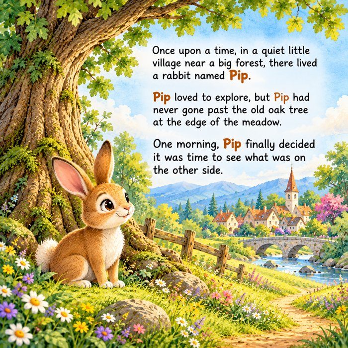 Illustration of Pip the rabbit standing at the edge of a meadow beside a large oak tree, with a stone bridge and village in the background