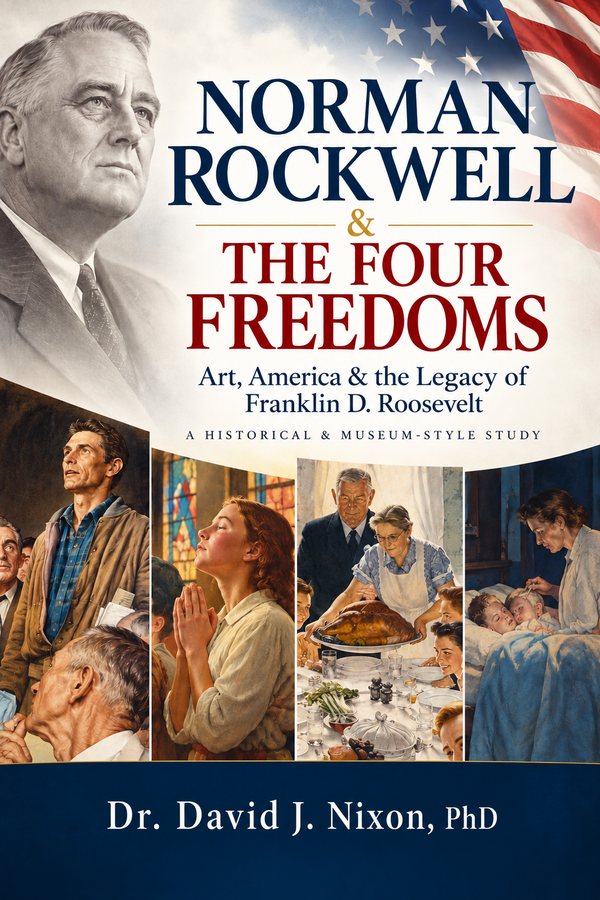 Book cover of Norman Rockwell and The Four Freedoms by Dr. David J. Nixon, featuring the Four Freedoms paintings and an American flag