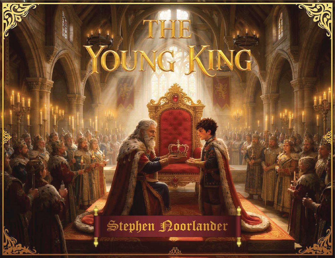 Illustrated book cover of The Young King by Stephen Noorlander, showing a crowning ceremony in a candlelit hall