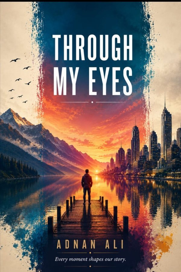 Book cover of Through My Eyes by Adnan Ali, showing a man on a pier looking at a mountain and city skyline at sunset